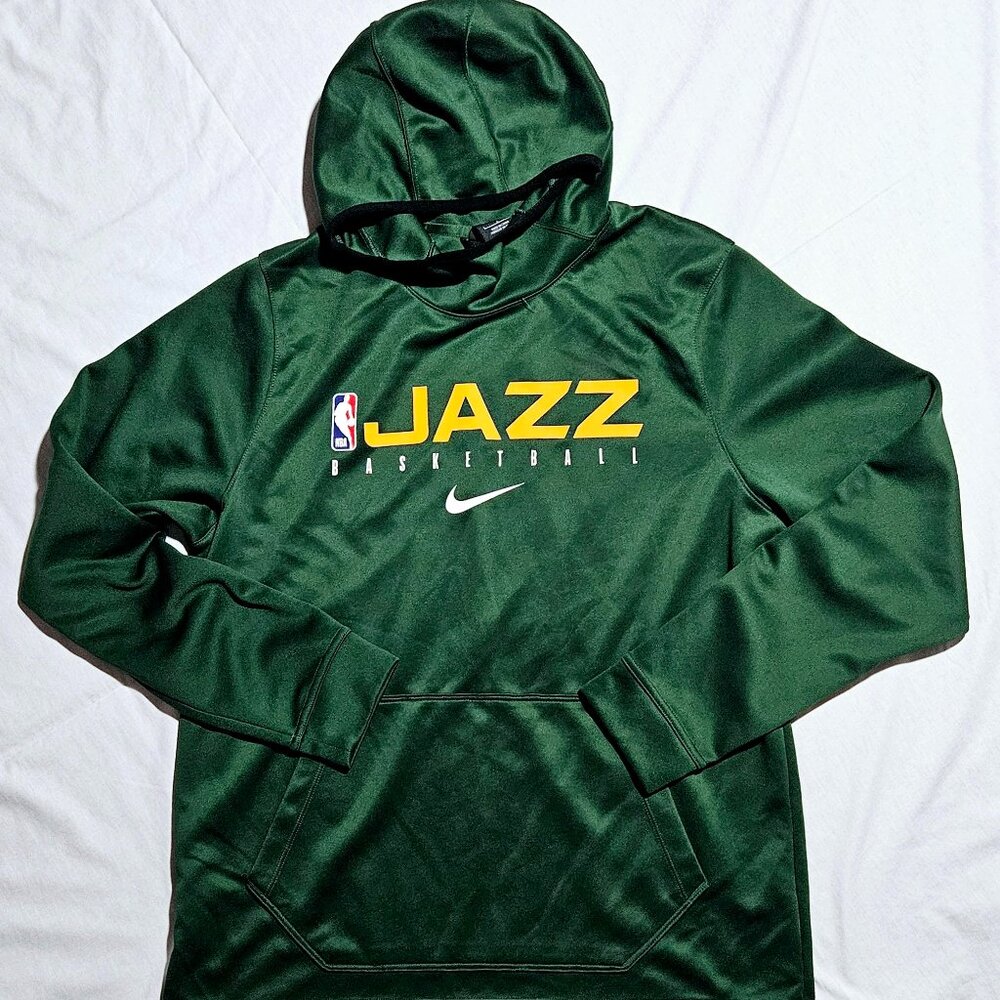 NBA NIKE UTAH JAZZ BASKETBALL GREEN YELLOW HOODIE THERMA FIT LARGE L EUC